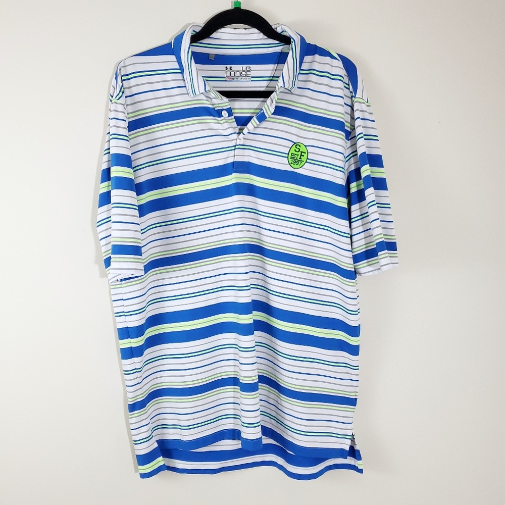 Under Armour Heat Gear Loose Polo Blue Lime Stripe